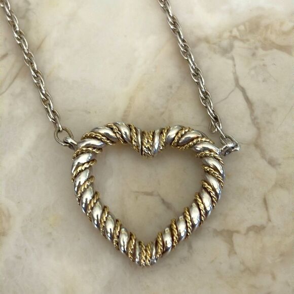 Tiffany & Co 18K Gold & 925 Sterling Silver Twisted Rope Open Heart Necklace 20” - Picture 2 of 13